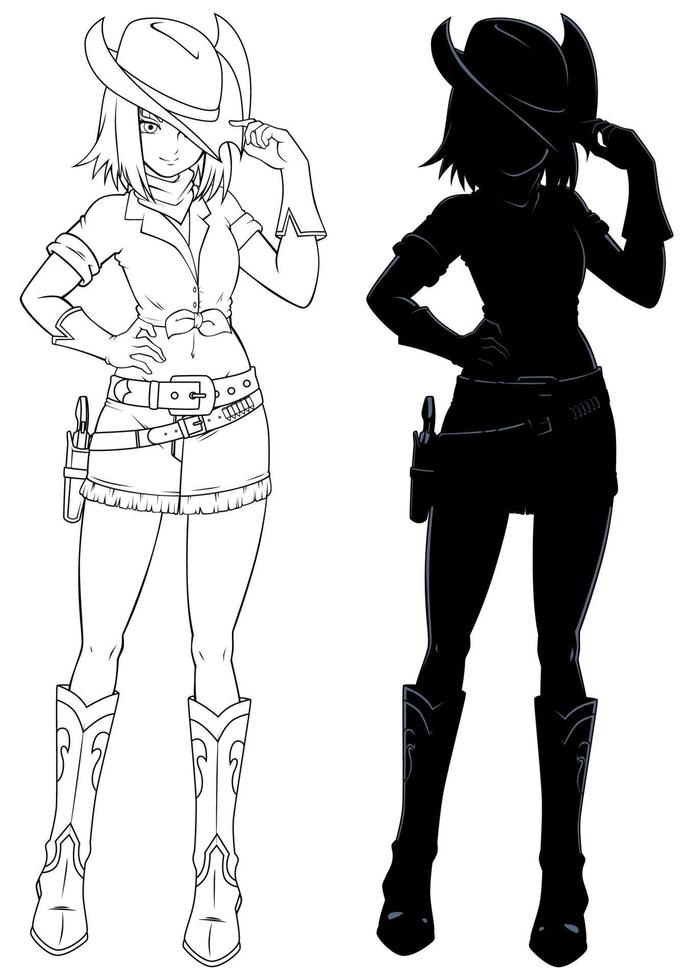 Anime Cowgirl Line Art and Silhouette vector