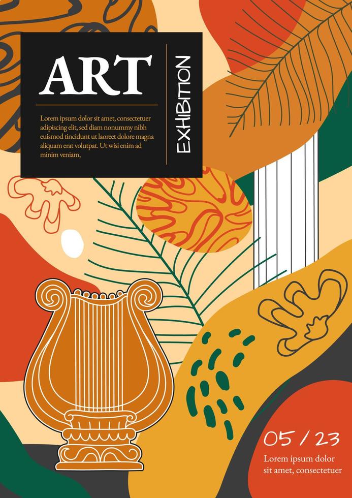 Art posters for the exhibition,  magazine or cover, vector template with sculpture art, Antique statues, pillar, amphora, column, modern ancient Greek or Roman style. Nostalgia banner