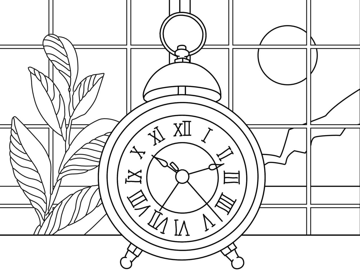 Coloring page for kids and adults. Hand drawn vintage objects. Alarm clock, morning sea view, nature, sun. Beautiful drawing with patterns and small details. Coloring book picture vector