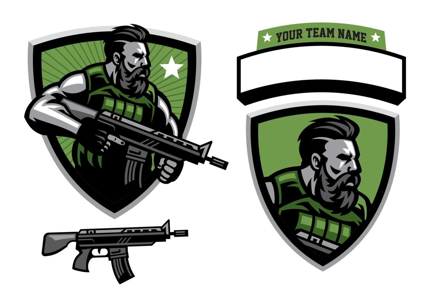 bearded soldier mascot hold assault rifle vector