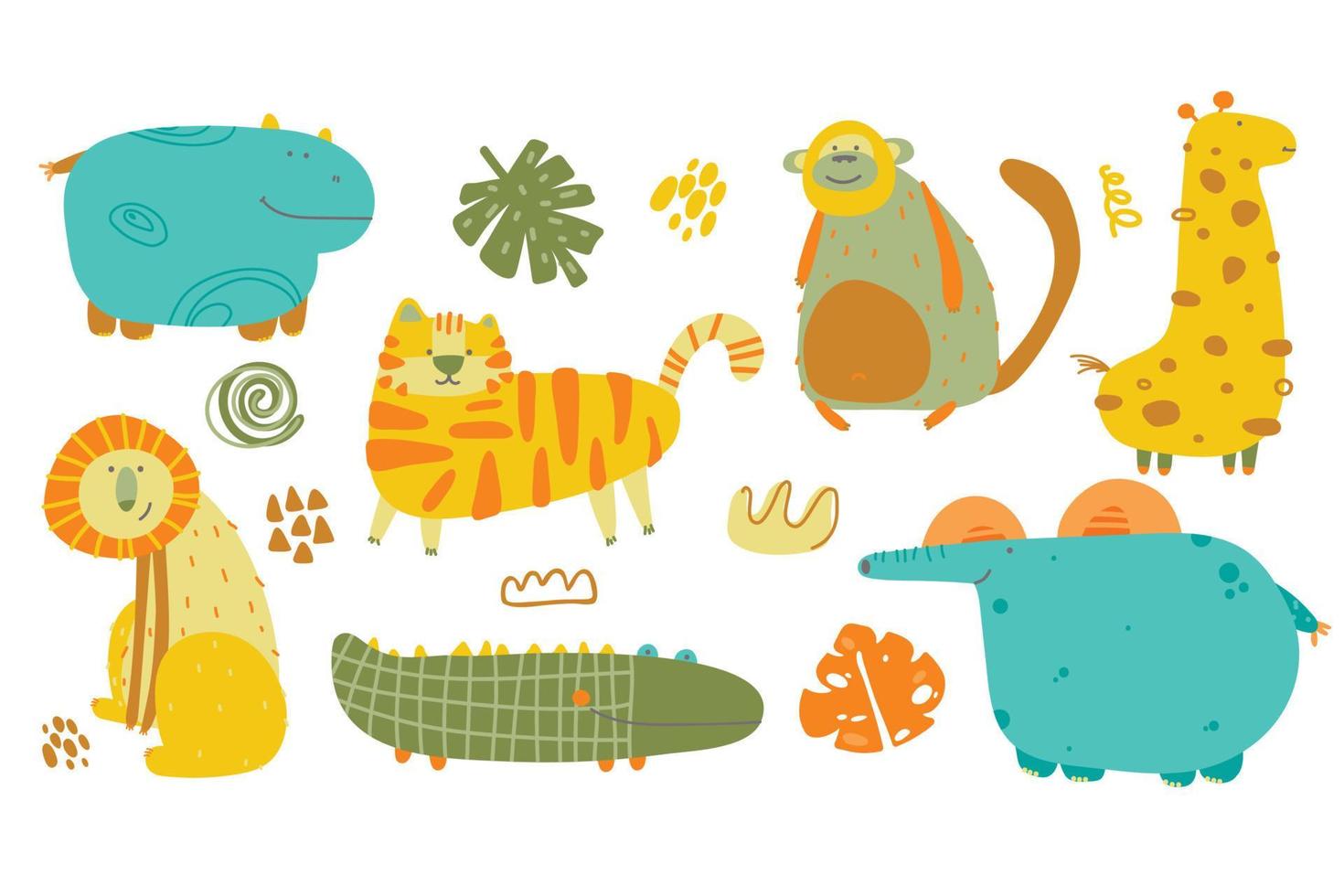 Cute safari elements. Funny exotic African tropical animals, kids jungle characters, childish savannah fauna vector set.  scandinavian style, design of textiles, posters, clothes. Creative nursery