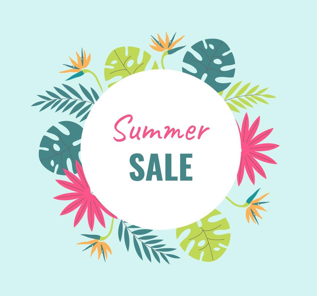 Creative, bright, colorful background with tropical leaves. Summer sale, poster template, greeting card, banner Vector illustration.