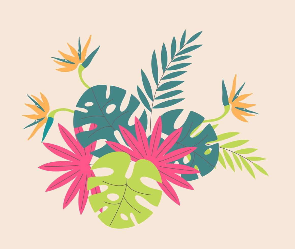 Creative, bright, colorful background with tropical leaves. Summer sale, poster template, greeting card, banner. vector