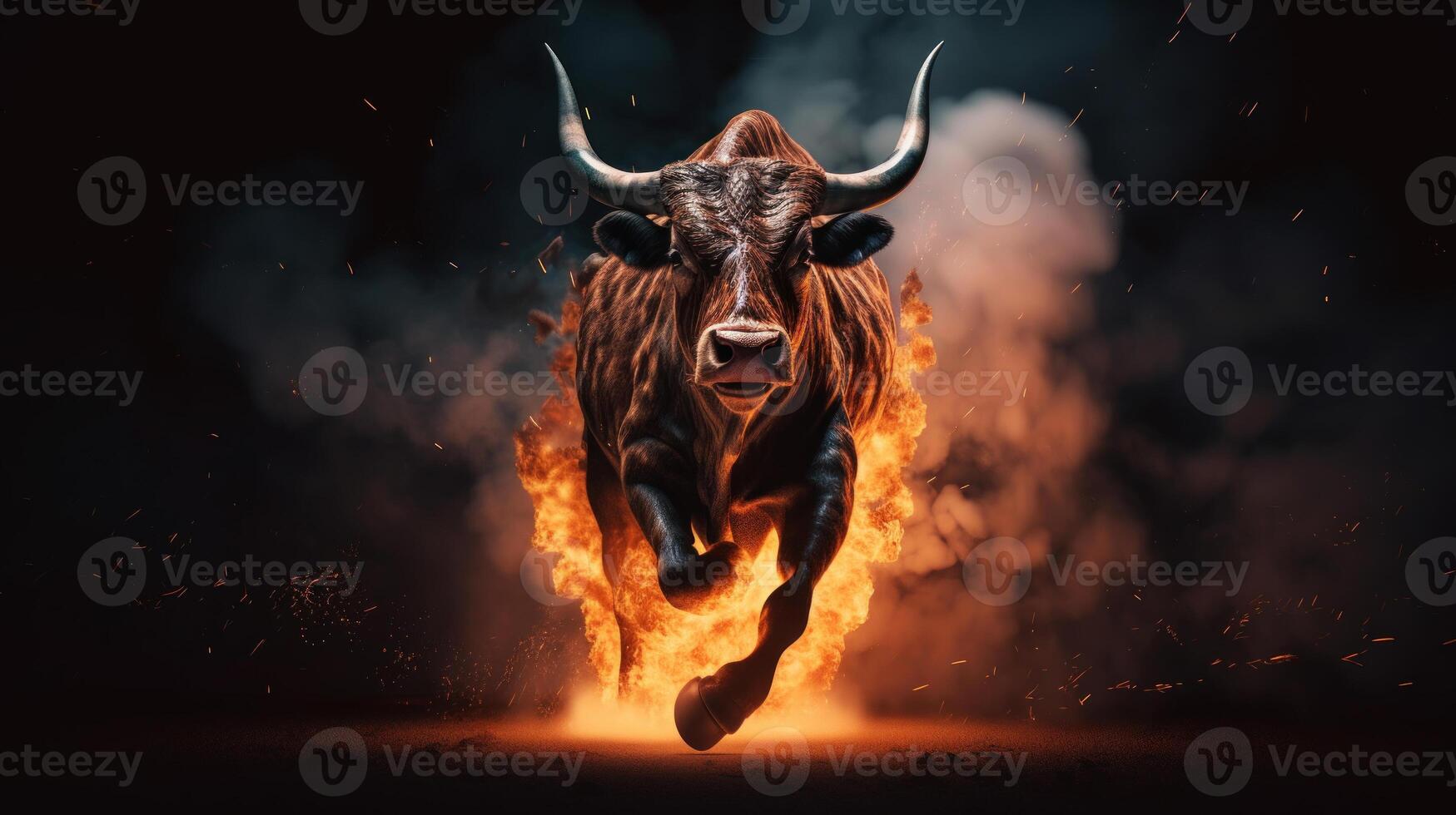 Bull running on fire. Business bull market concept. photo