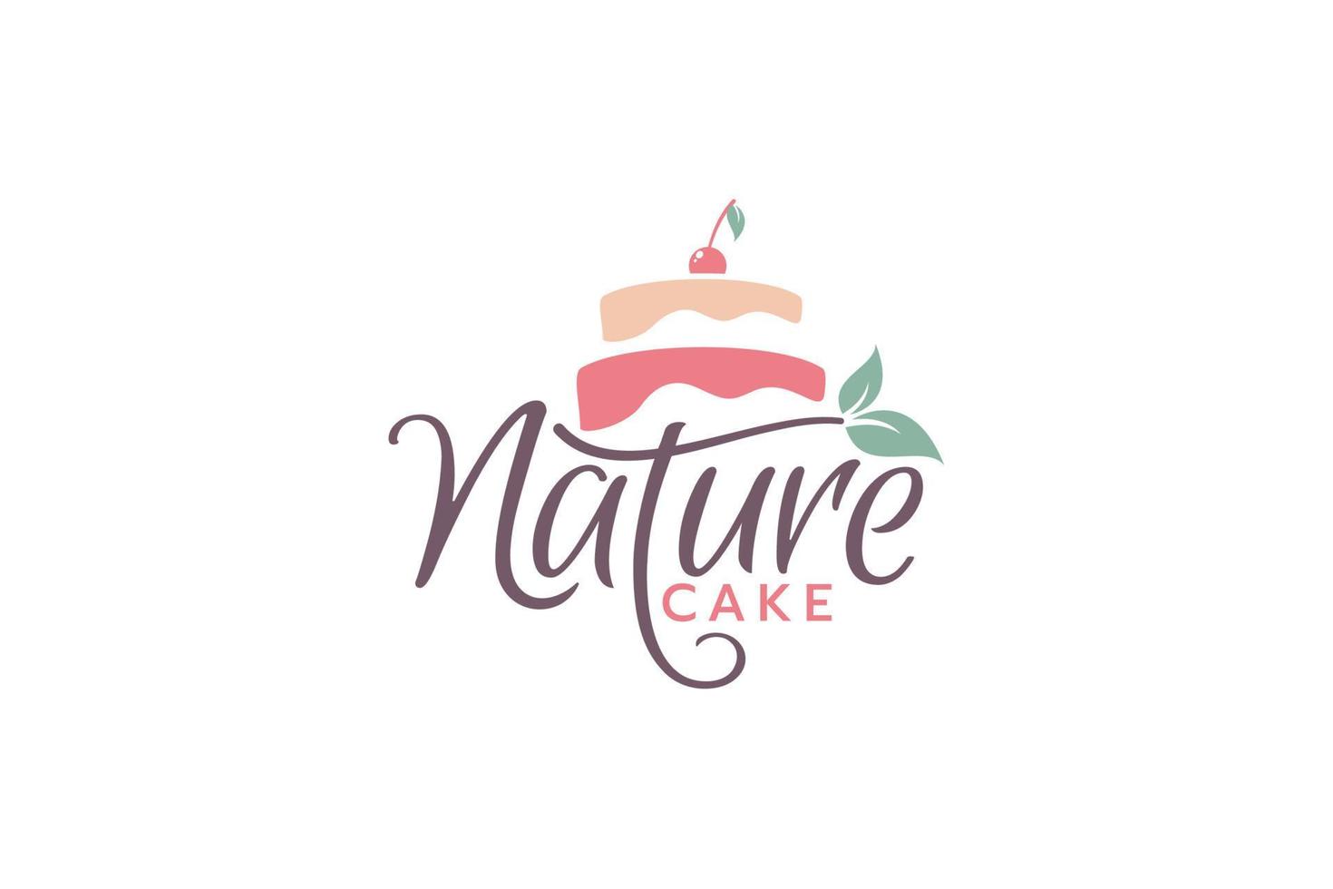 naturaleza pastel logo con un combinación de un pastel, hojas, y hermosa letras. vector