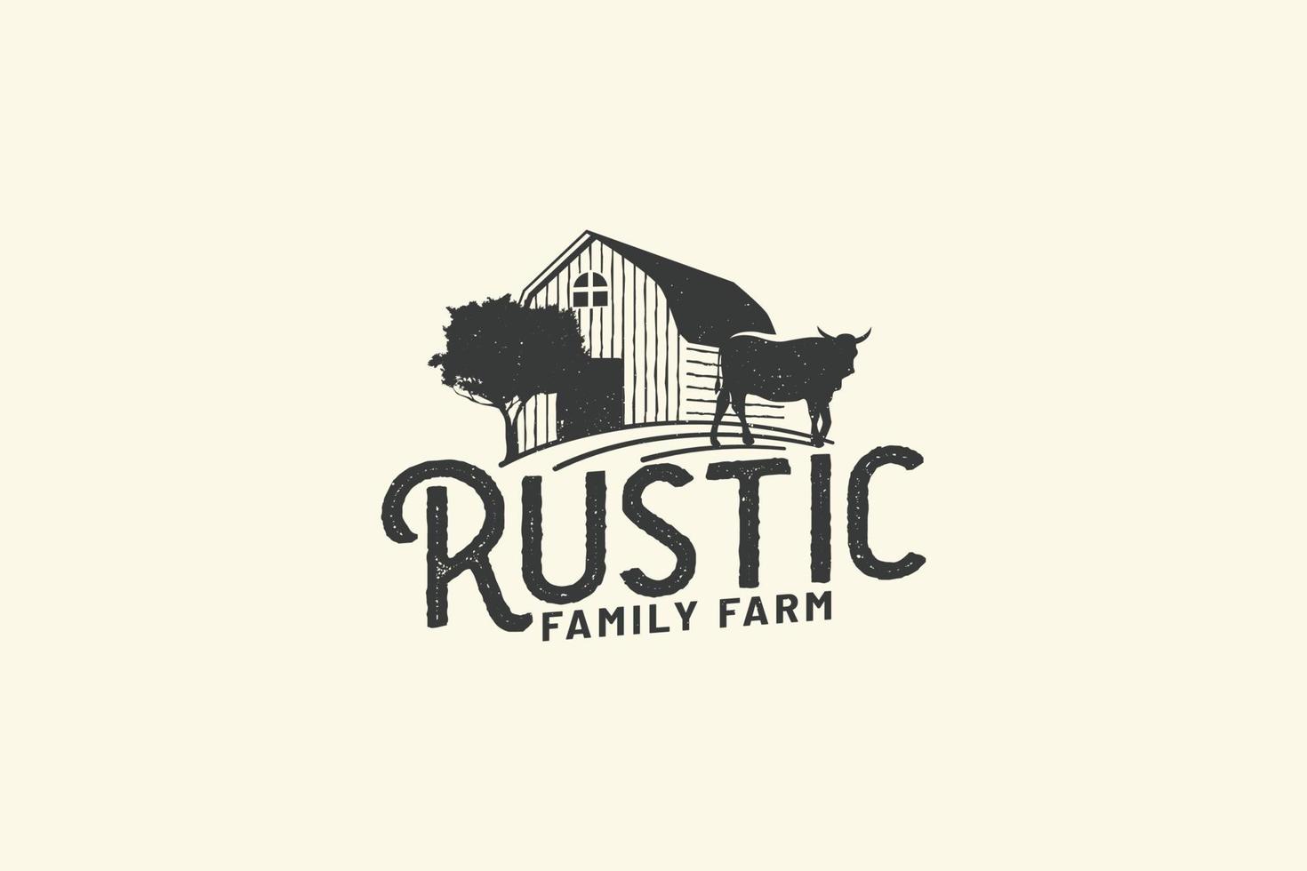 rústico granja logo con un combinación de campo, vaca y granero en Clásico estilo. vector