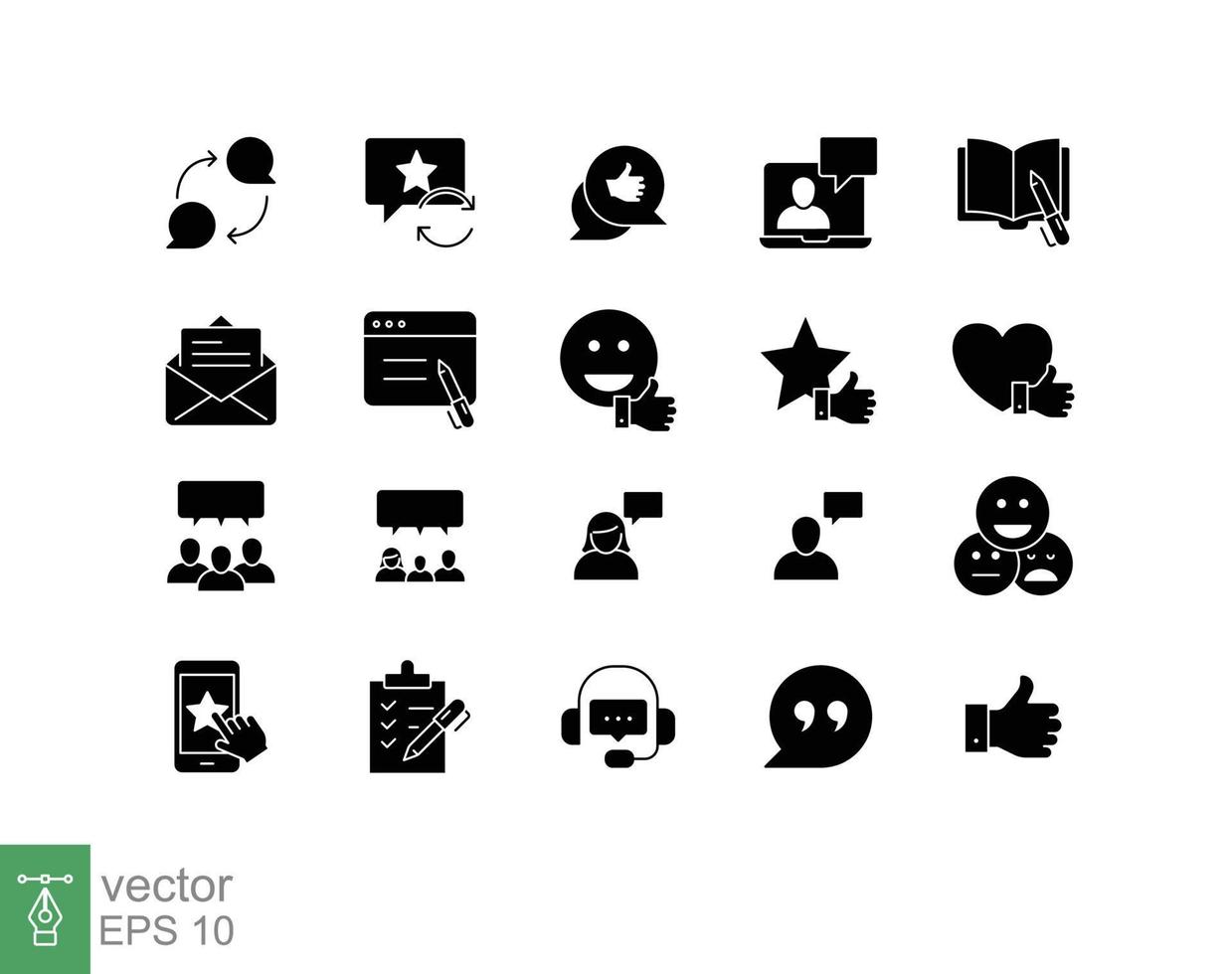 Business and finance web glyph icon set. Testimonials, customer relationship management or CRM concept. Simple solid style symbol collection. Vector illustration isolated on white background. EPS 10.