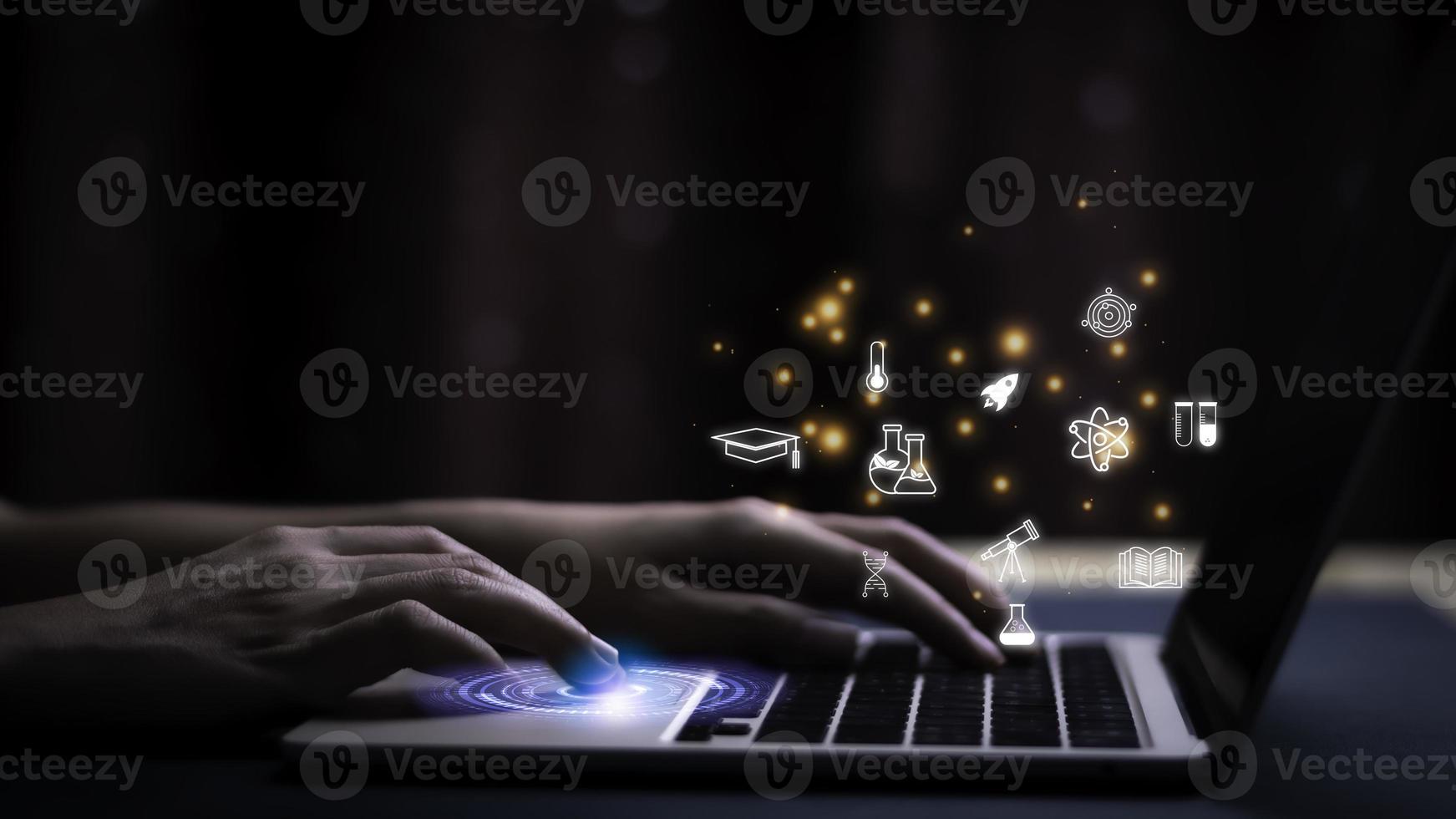 Teacher  touching screen  graduation hat, Internet education science course degree, study knowledge to creative thinking idea. E-learning graduate certificate program educational business concept. photo