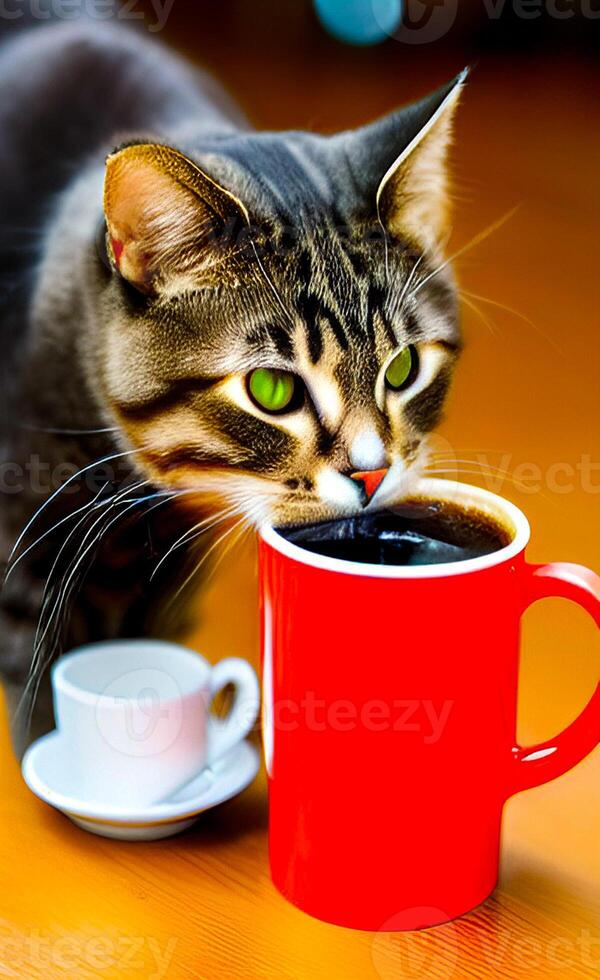 Cute cat drinks coffee from a red cup. The image was created using . photo