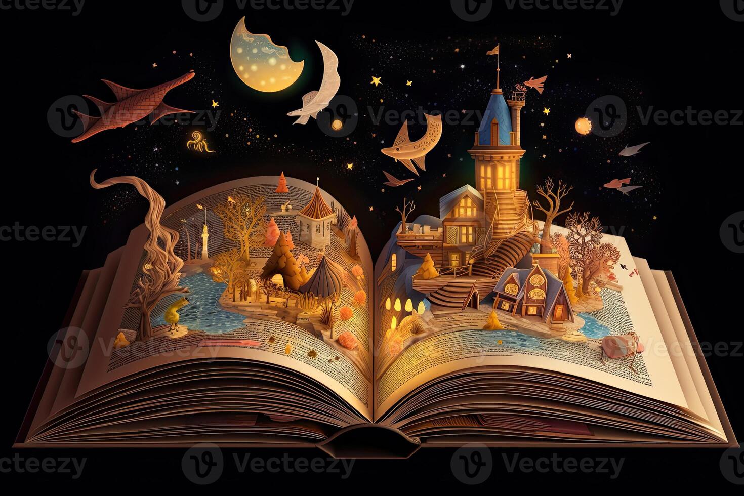 Open magical book with fantasy landscape over pages. Created with photo