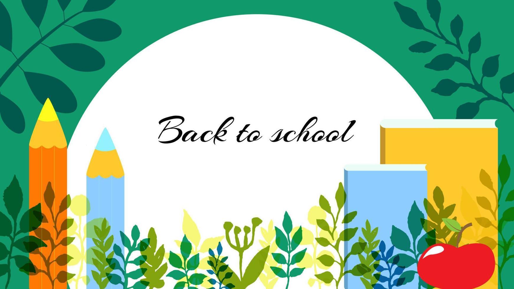 Template Back to school frame or banner or screen, with two pencils, two, textbooks, an apple, and a place for text. Pattern of autumn leaves. Advertising sale of stationery for the school vector