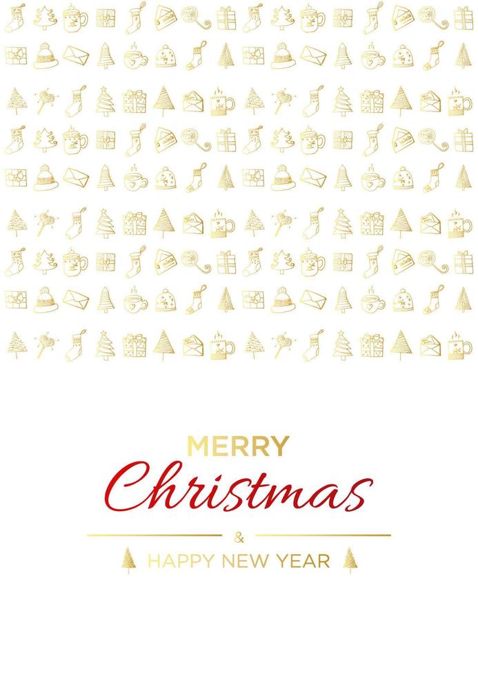 Merry Christmas and happy new year vector poster or greeting card design with hand drawn doodles elements. Xmas banner with gold and red gradient.