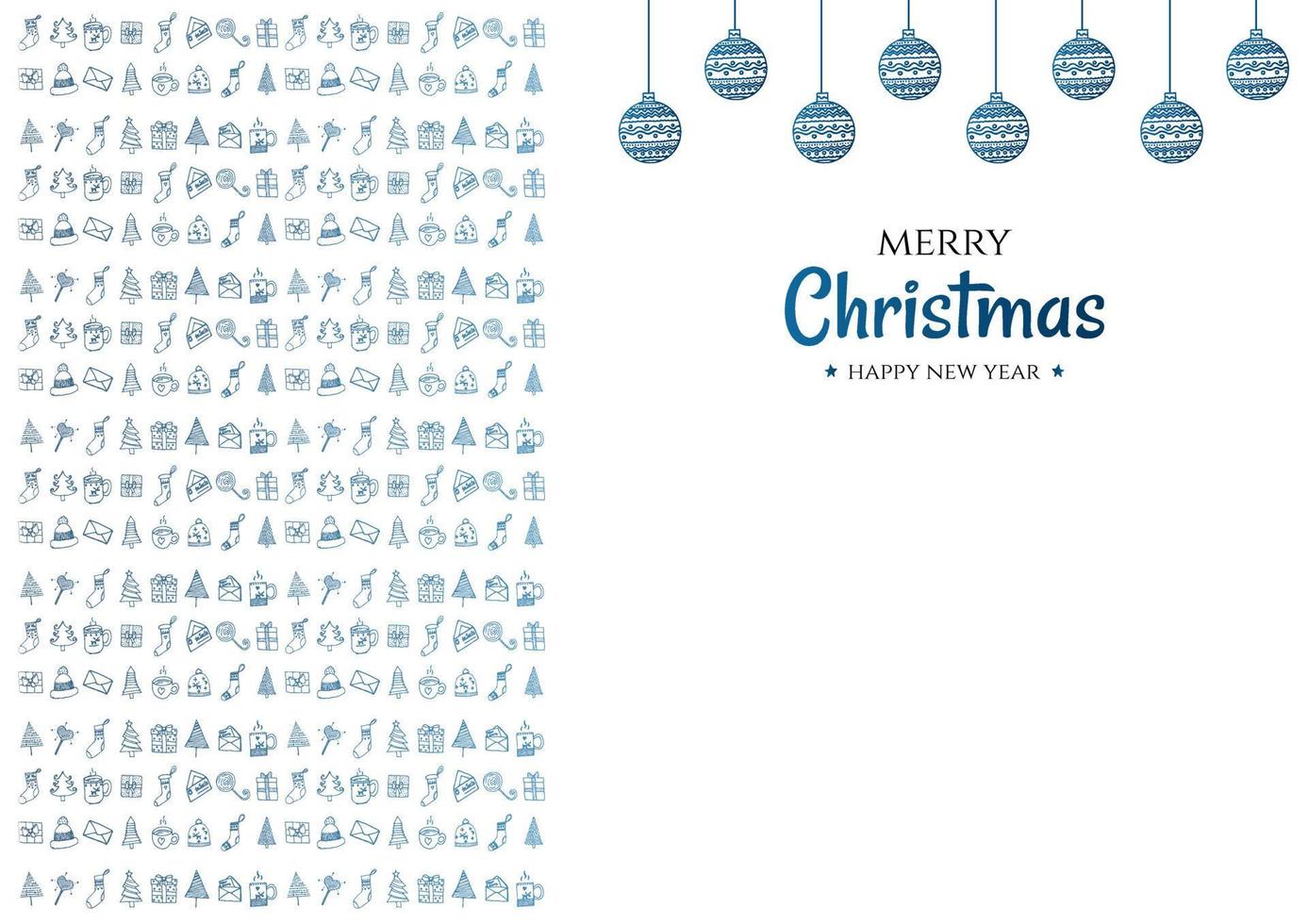 Merry Christmas and happy new year vector poster or greeting card design with hand drawn doodles elements. Present box and balls. Xmas banner with silver and blue gradient.