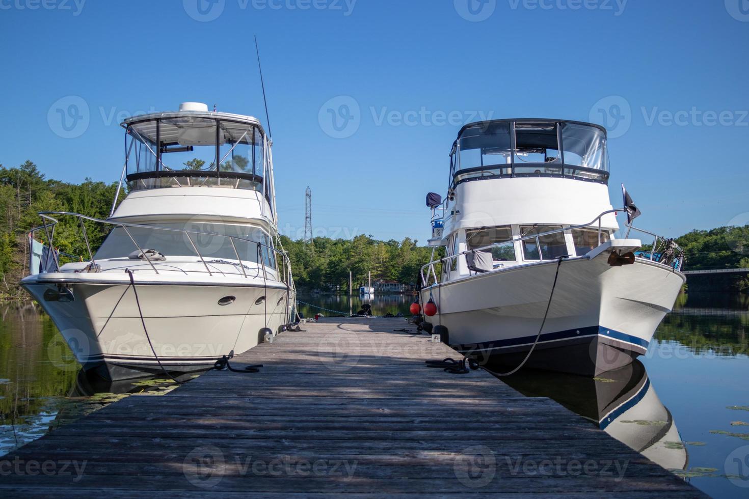 two pleasure boats moored at a dock on a river photo