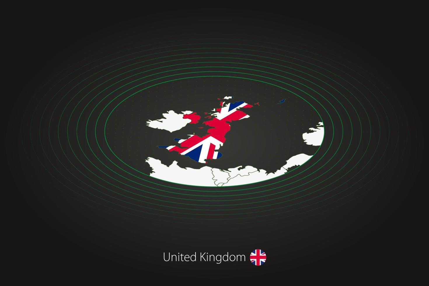 United Kingdom map in dark color, oval map with neighboring countries. vector