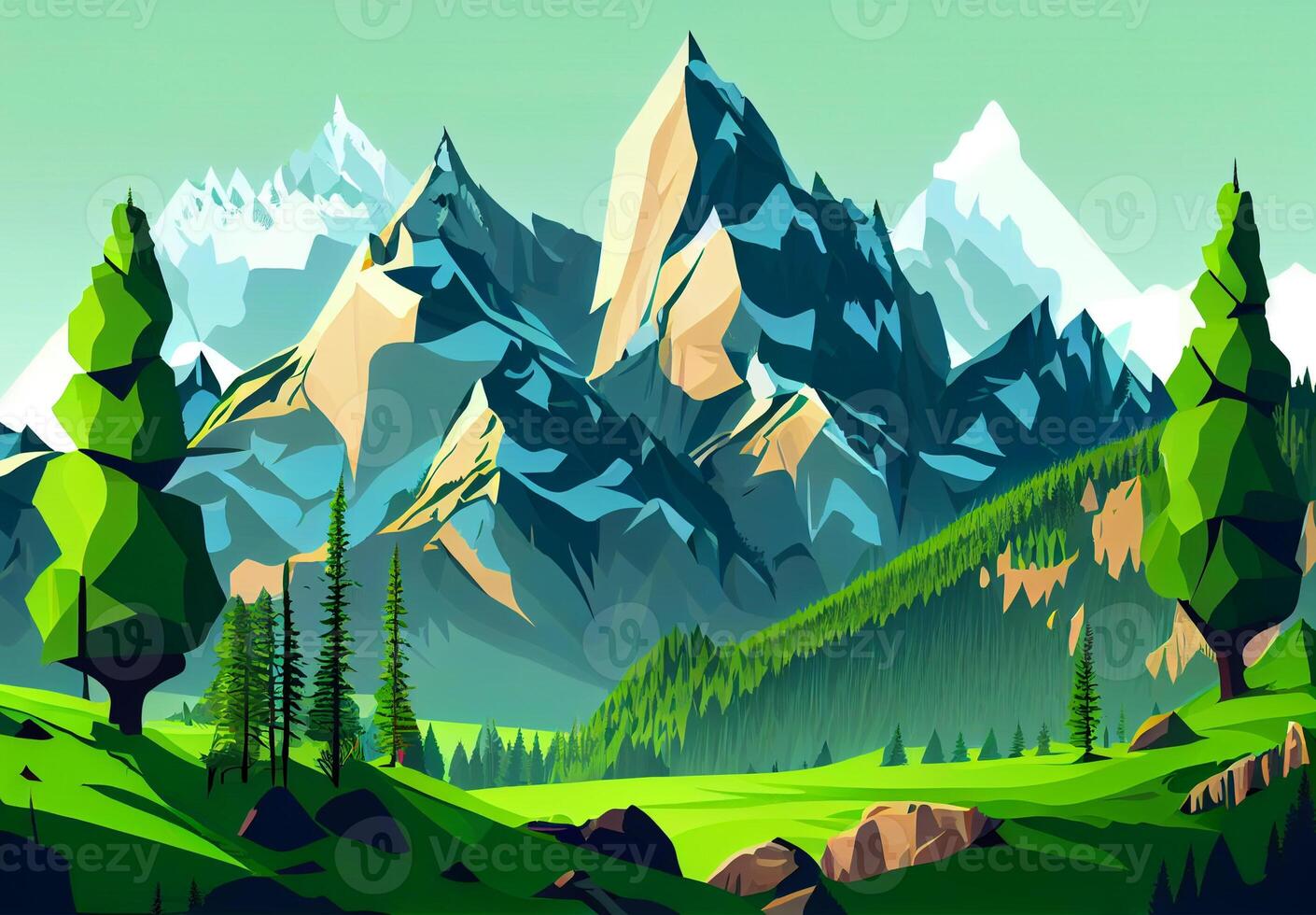 Panoramic abstract mountain scenery in flat style. Natural wallpaper - image photo