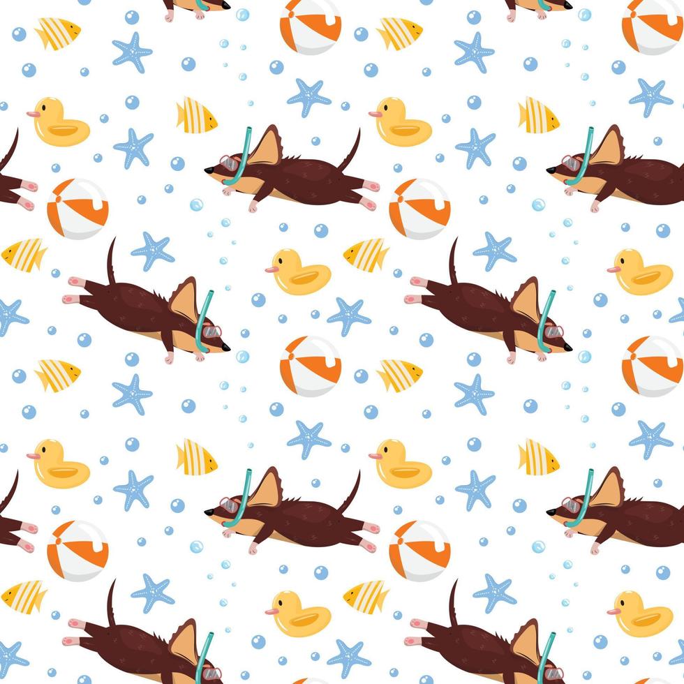 Background with a diving dog, ball, gummy duck, fish and starfish. vector