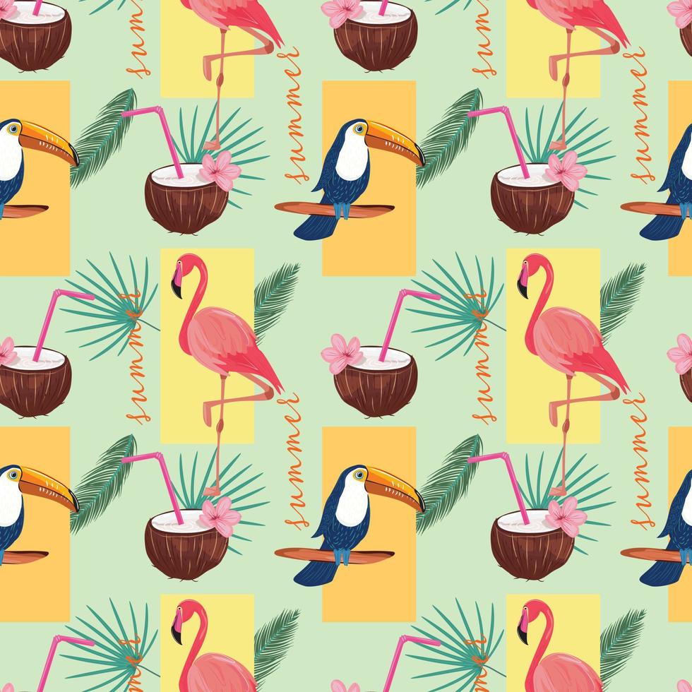 Abstract tropical background with tropical birds. Seamless pattern with toucan and flamingo. vector
