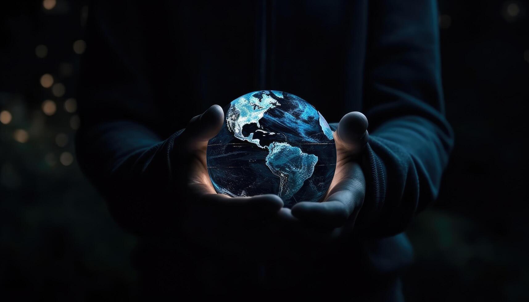 Shiny round world in human hands at night time. Earth Day. Energy saving concept. photo