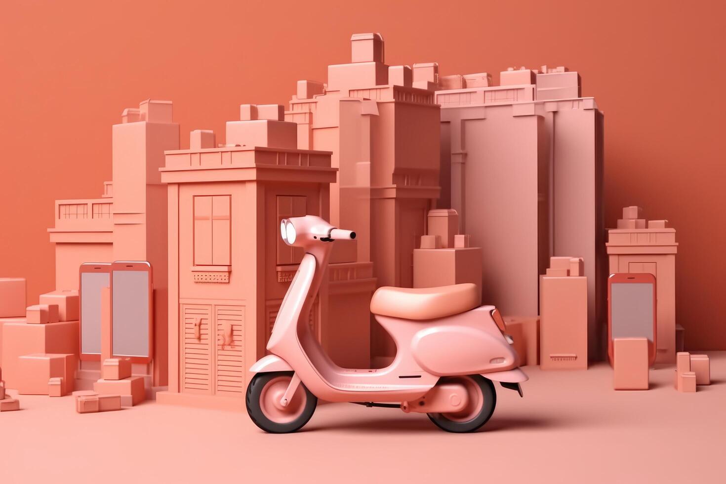 E-commerce concept, Delivery service in mobile app, Transportation or delivery by scooter, 3d render. photo