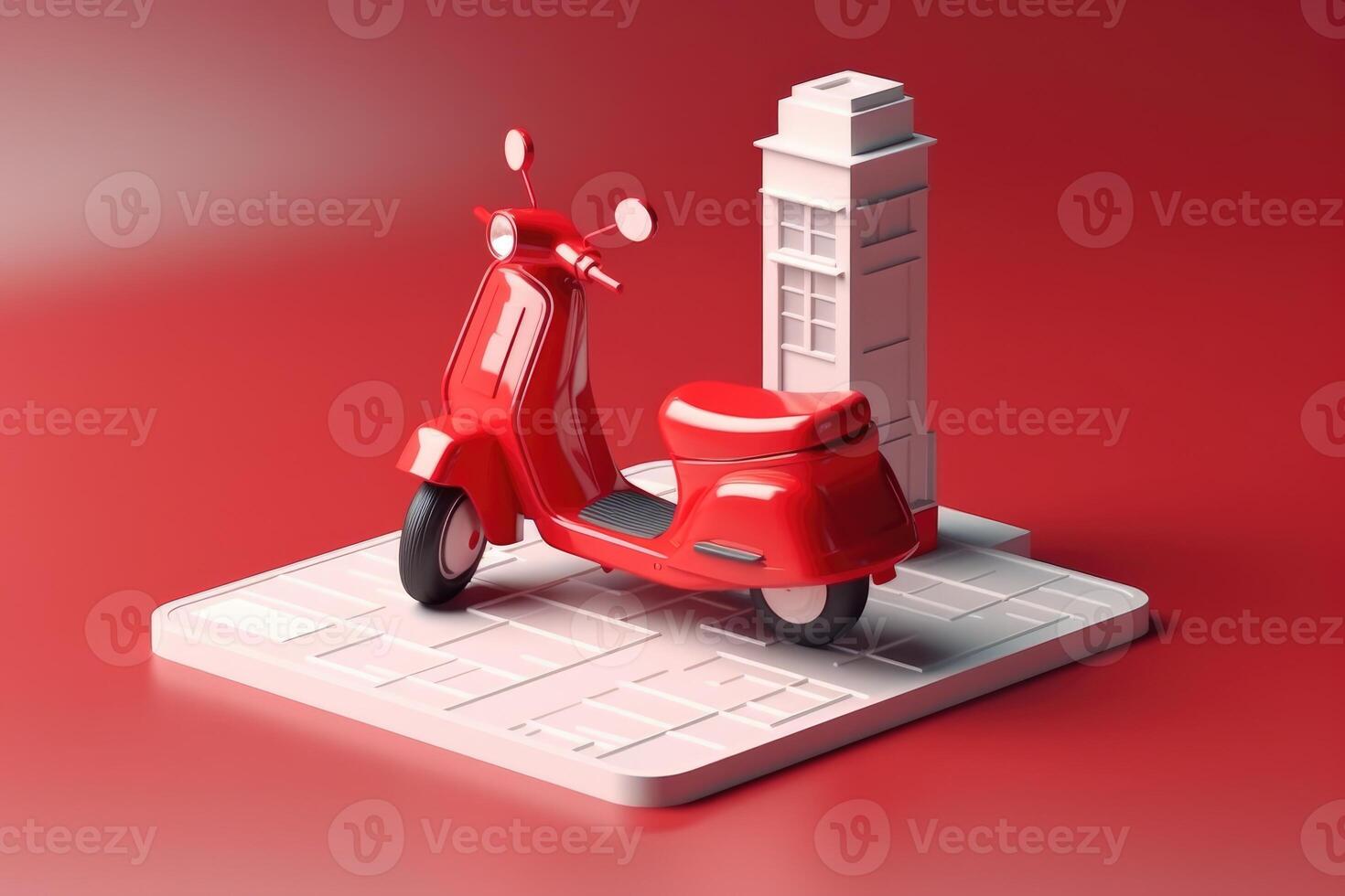 E-commerce concept, Delivery service in mobile app, Transportation or delivery by scooter, 3d render. photo