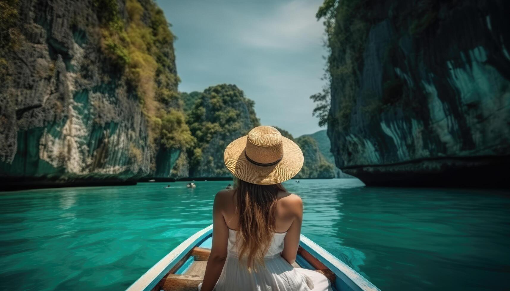 Happy tourist woman in white summer dress resting on boat in beautiful travel concept to Thailand. photo