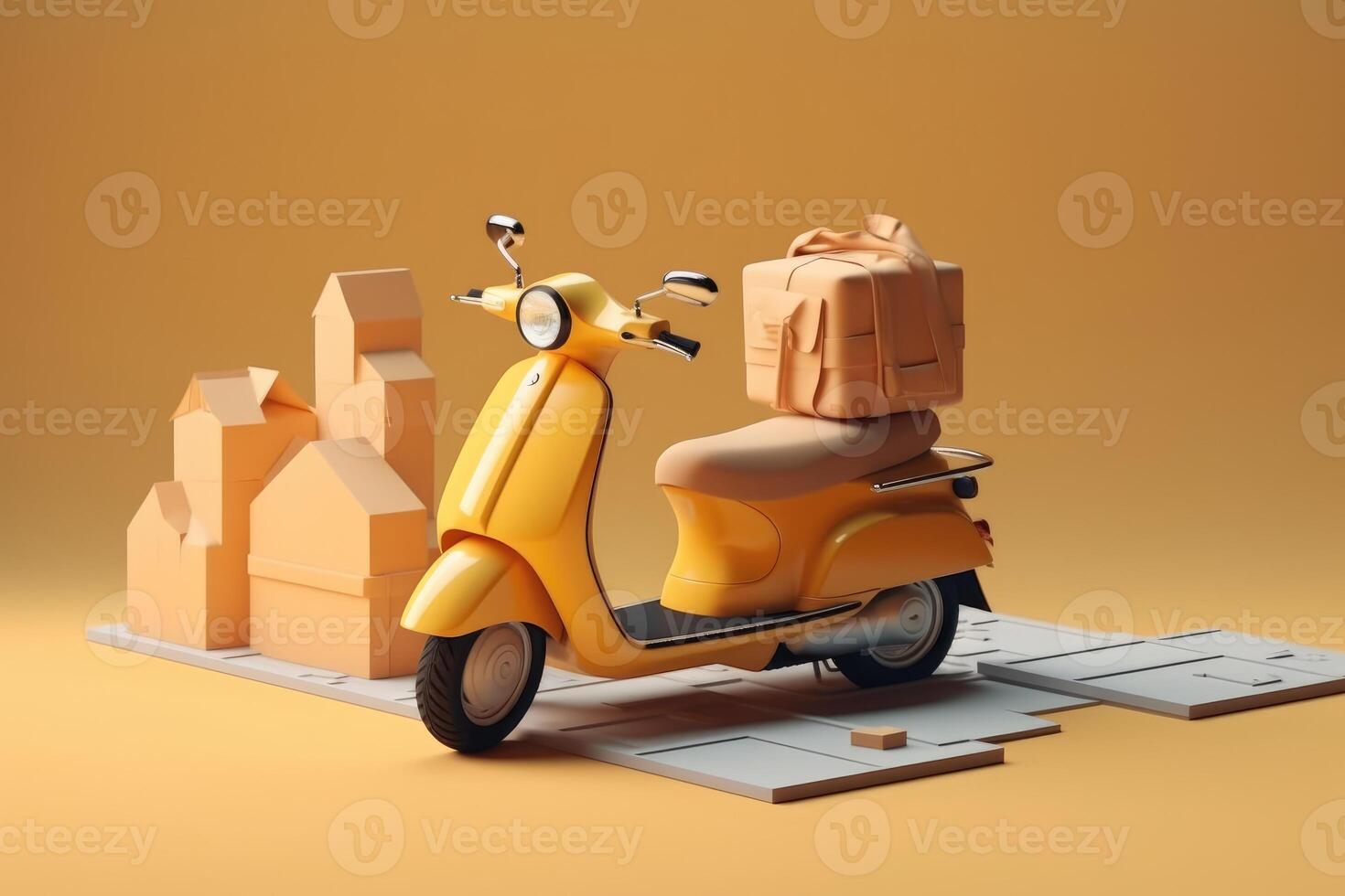 E-commerce concept, Delivery service in mobile app, Transportation or delivery by scooter, 3d render. photo