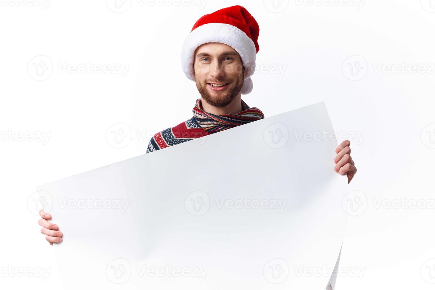 emotional man white paper billboard advertising light background photo