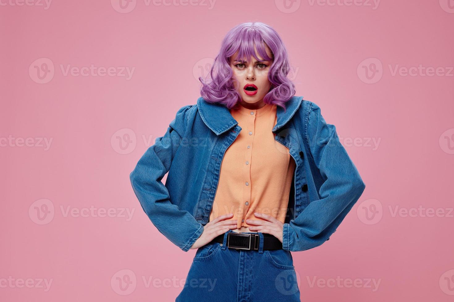 pretty woman denim clothing fashion modern style color background unaltered photo