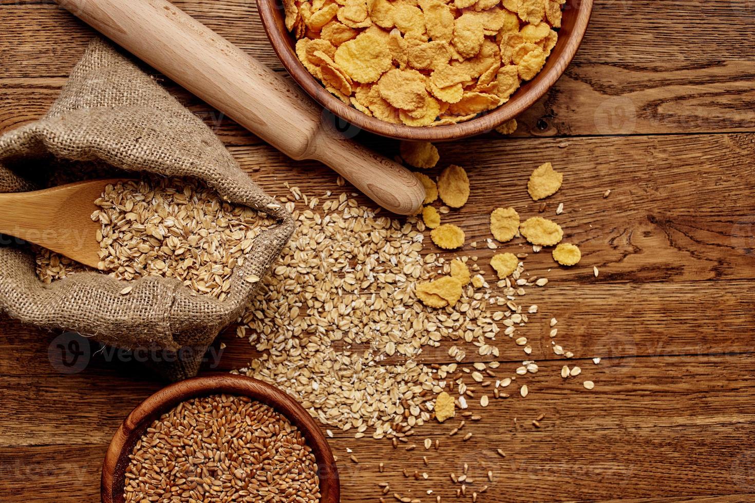 wooden kitchen items cereals products view from above photo