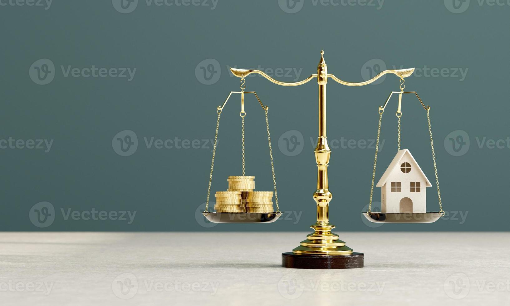 A golden ornate scale with gold coins on one side and a house on the other. equal weight. 3D rendering photo