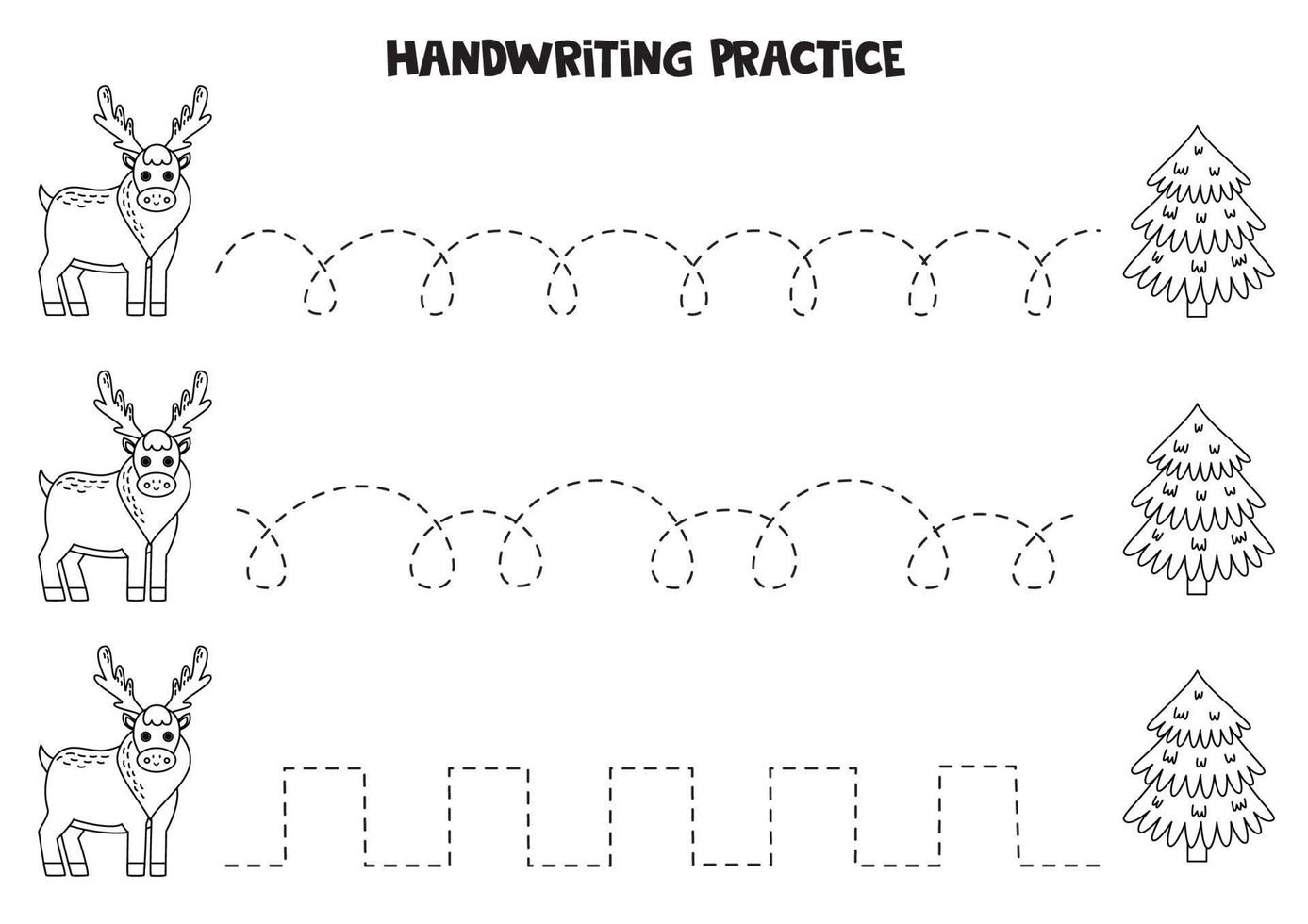 Tracing lines for kids. Cute reindeer and fir tree. Writing practice. vector