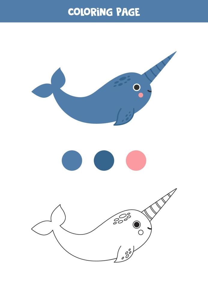 Color cute cartoon narwhal. Worksheet for kids. vector