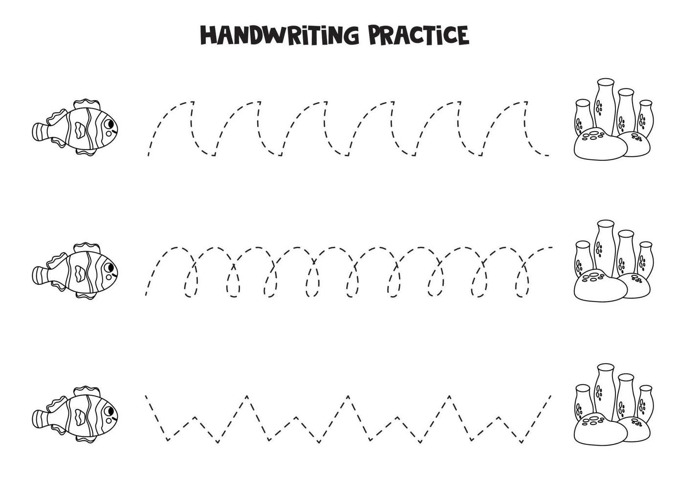 Tracing lines for kids. Cute clownfish and corals. Writing practice. vector