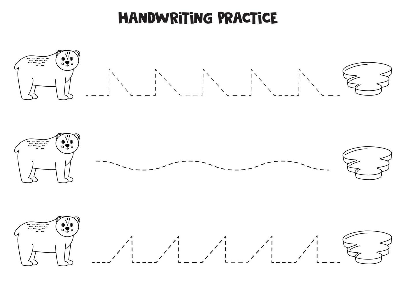 Tracing lines for kids. Cute polar bear and ice berg. Writing practice. vector