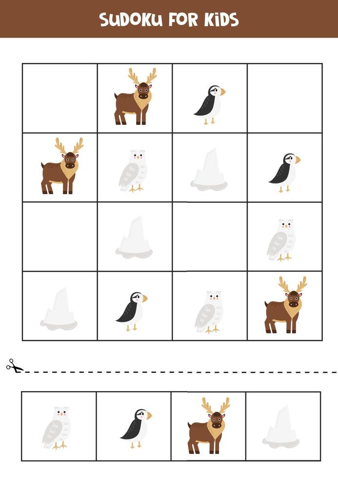 Educational sudoku game with cute arctic animals. vector