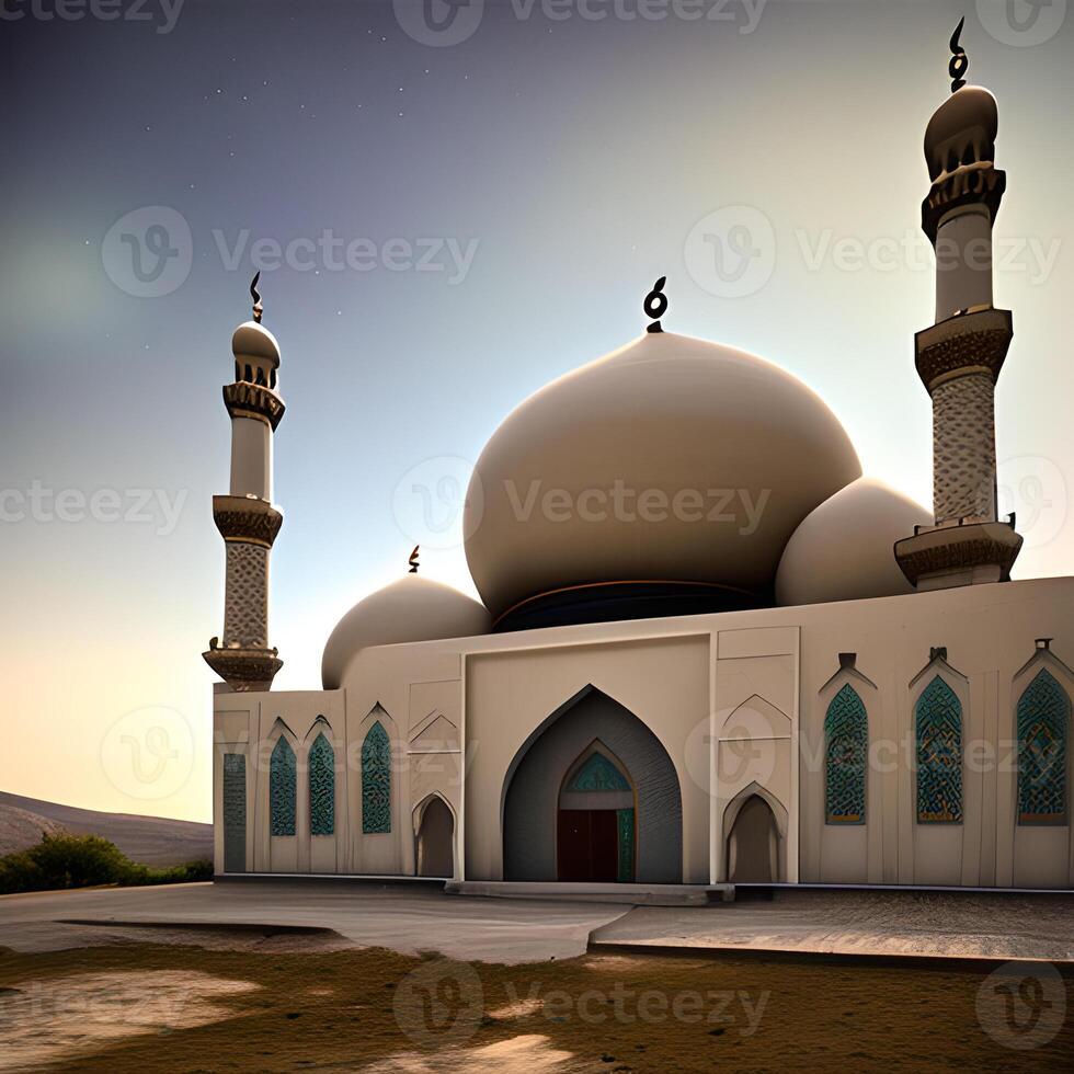 ai generado islámico Orando mezquita Arábica, eid Mubarak foto