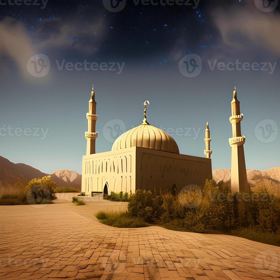 ai generado islámico Orando mezquita Arábica, eid Mubarak foto