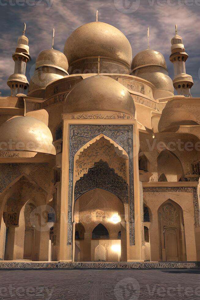 ai generado islámico Orando mezquita Arábica, eid Mubarak foto