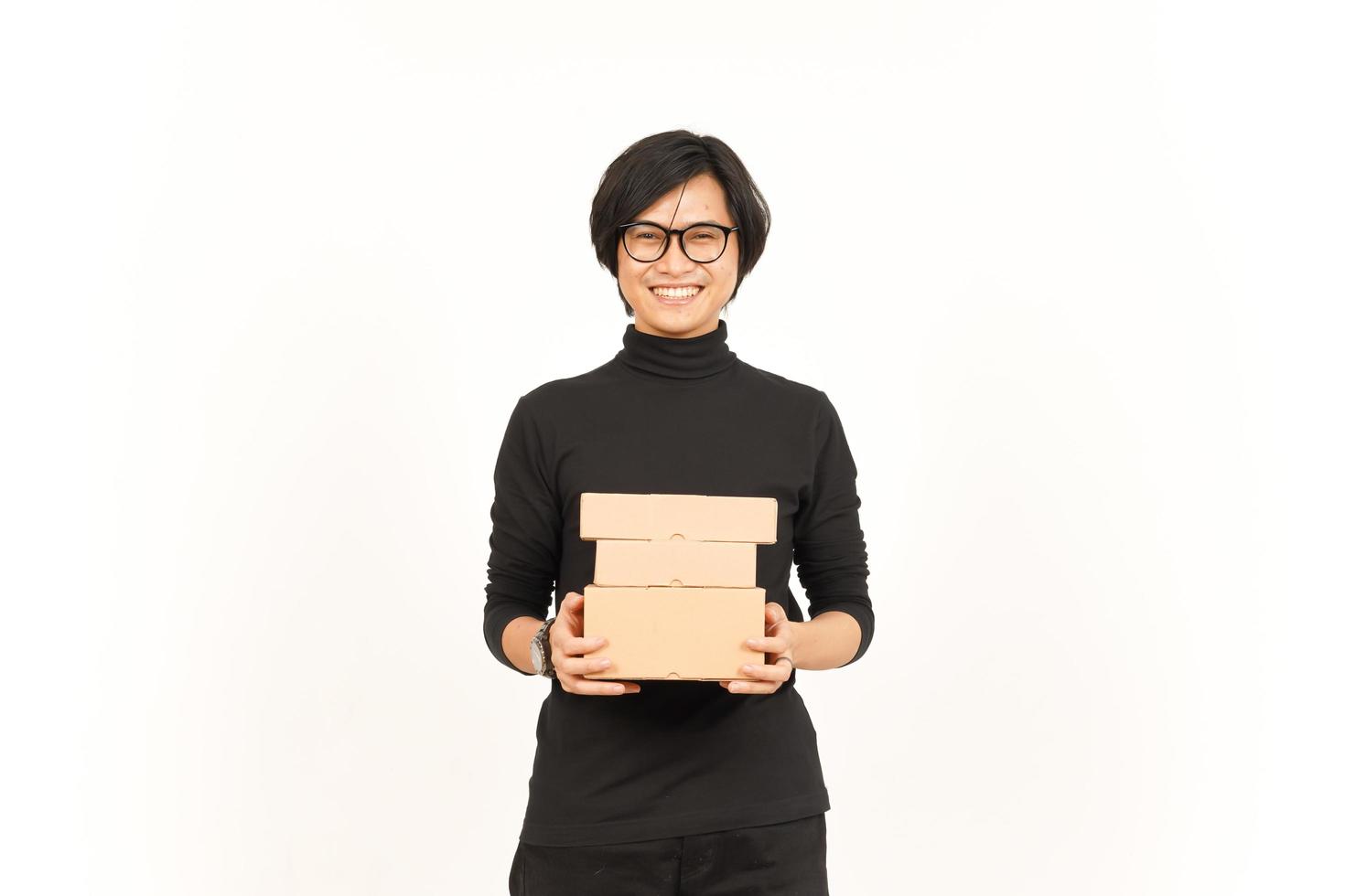 Holding Package Box or Cardboard Box Of Handsome Asian Man Isolated On White Background photo