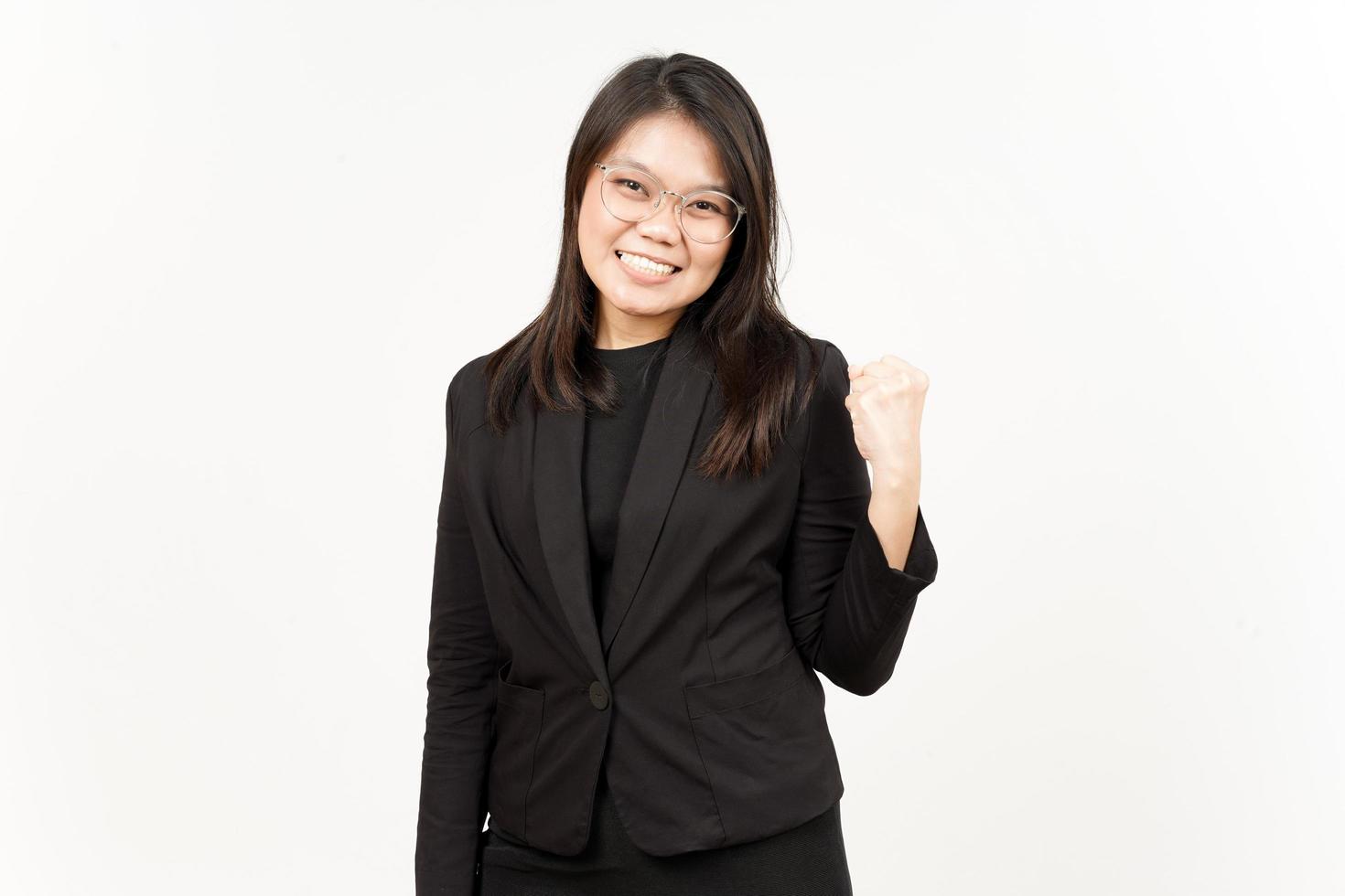 Yes and Celebration Gesture Of Beautiful Asian Woman Wearing Black Blazer Isolated On White photo