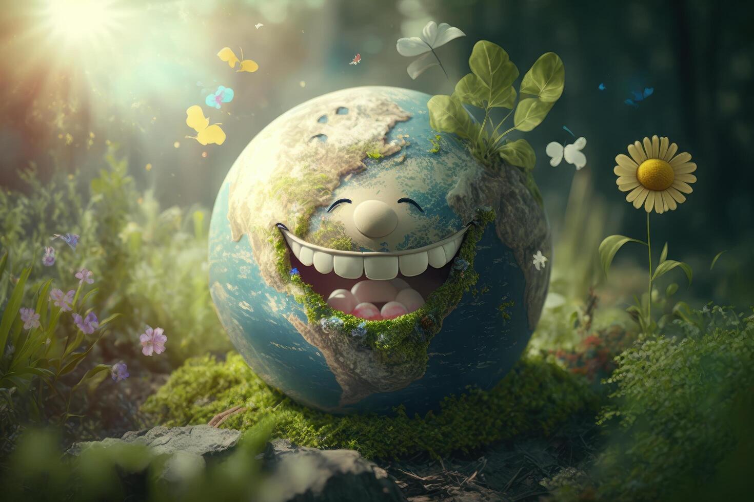 Joyful Earth character laughting on green background, Happy Earth day, World laughter day. photo