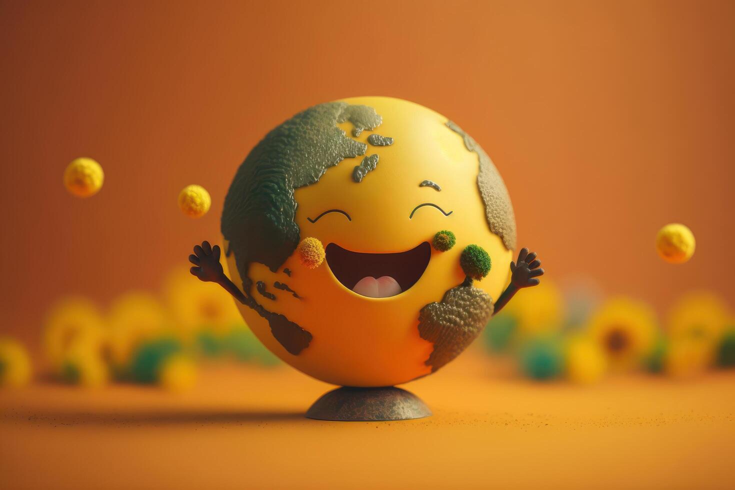 Cute Earth character laughting on yellow background, Happy Earth day, World laughter day. photo