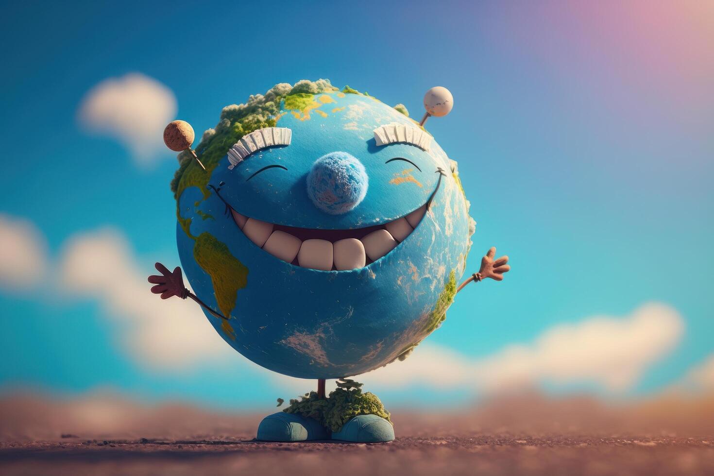 Cute earth character laughting on blue sky background, Happy Earth day, World laughter day. photo