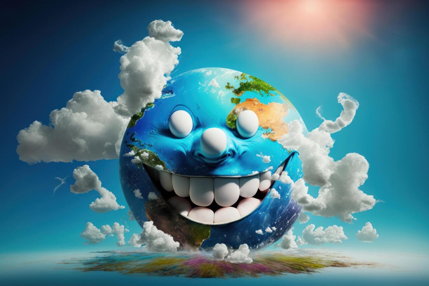 Cute earth character laughting on blue sky background, Happy Earth day, World laughter day. photo
