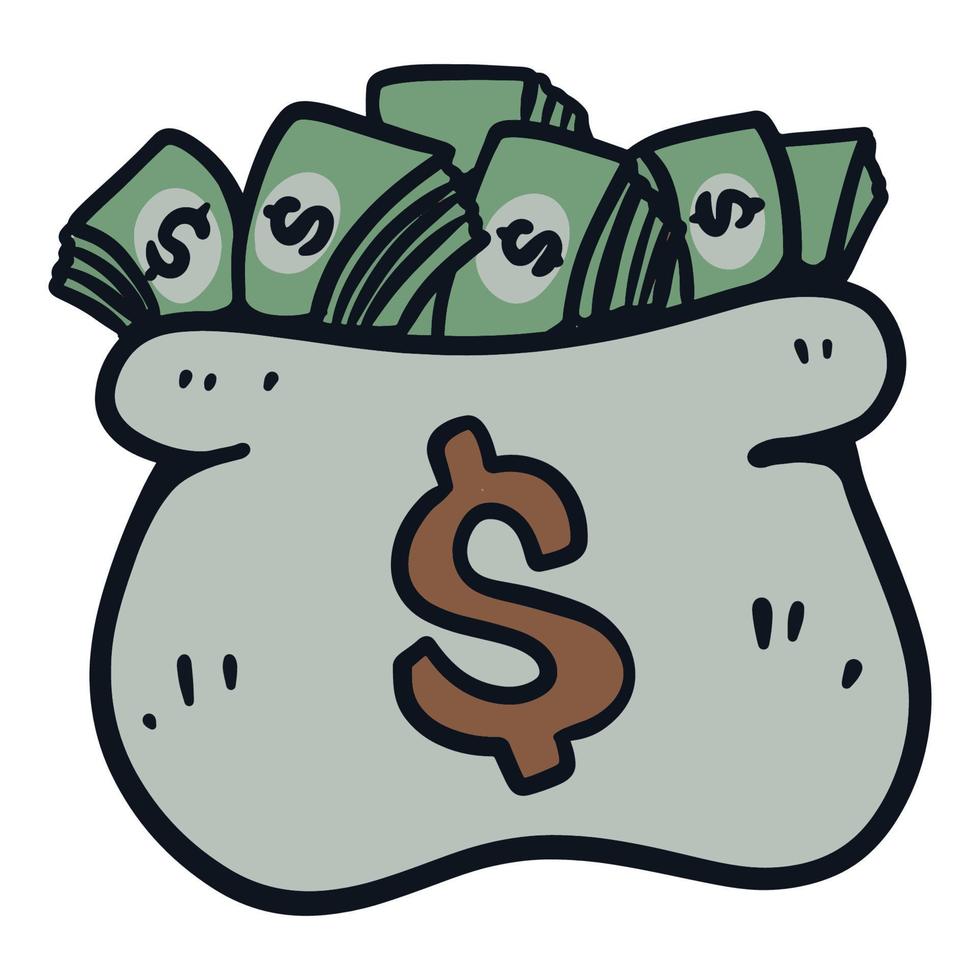 Hand drawn money bag with pile of money cartoon illustration isolated on white vector