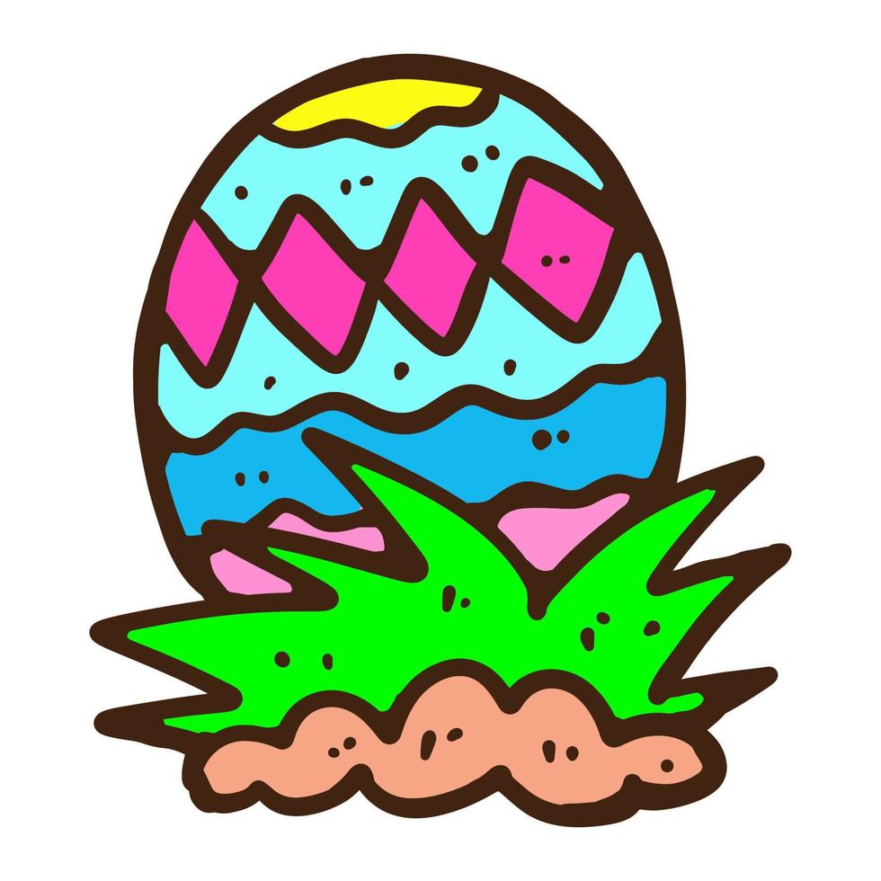 Hand drawn decorated easter egg hidden behind grass cartoon illustration isolated on white vector