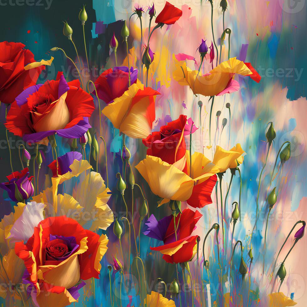 A Bouquet of Colorful Blooms, A Brilliant Bloomscape, A Festive Floral Display,Floral Oil painting on canvas , Still life flowers painting, Designed with artificial intelligence, photo