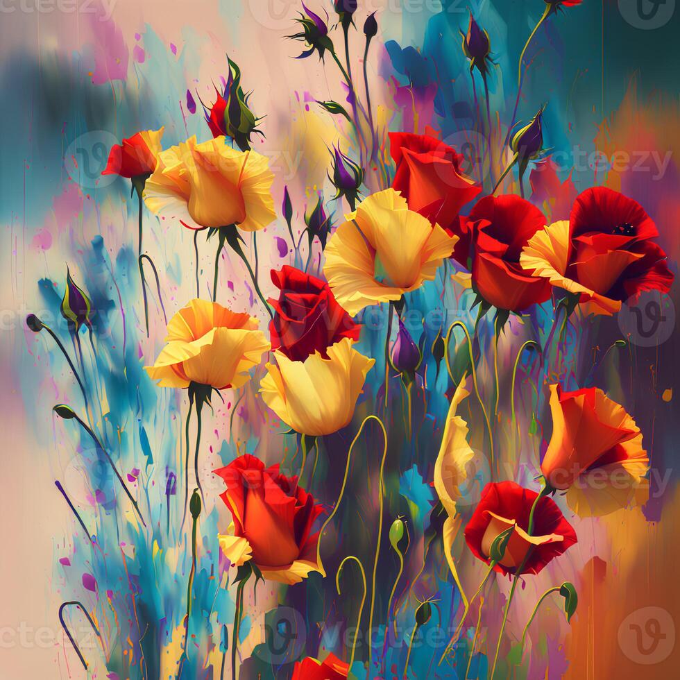 A Bouquet of Colorful Blooms, A Brilliant Bloomscape, A Festive Floral Display,Floral Oil painting on canvas , Still life flowers painting, Designed with artificial intelligence, photo