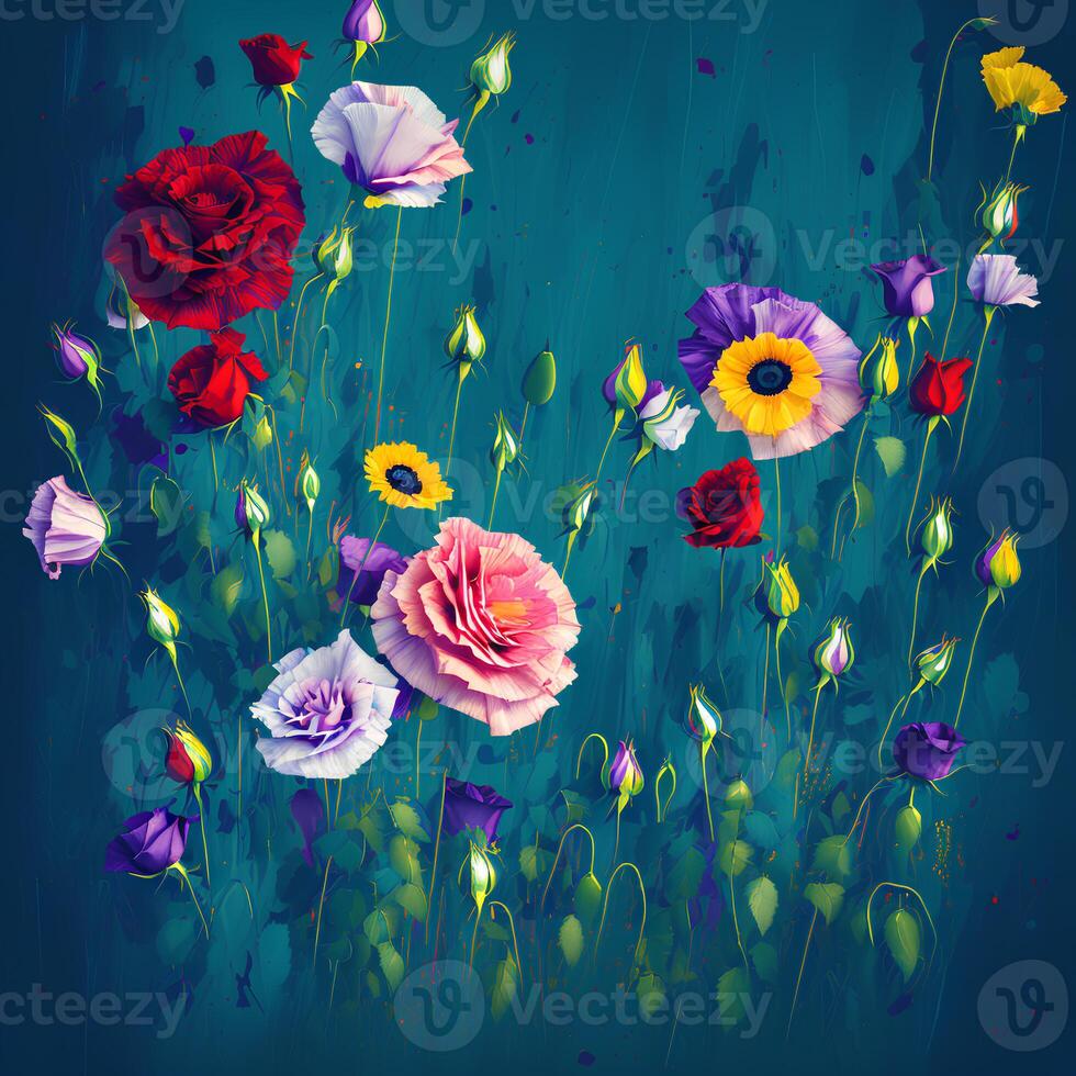 A Bouquet of Colorful Blooms, A Brilliant Bloomscape, A Festive Floral Display,Floral Oil painting on canvas , Still life flowers painting, Designed with artificial intelligence, photo